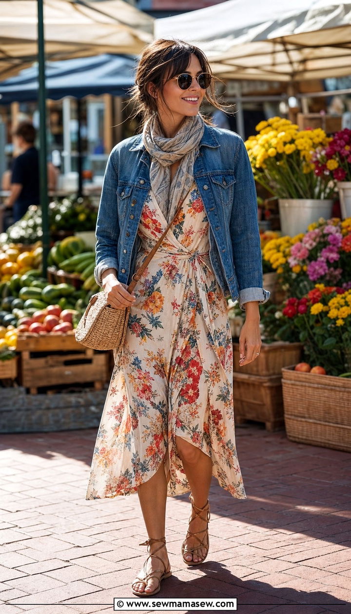 Floral Midi Dress With Denim Jacket - 25 spring colorful outfit ideas
