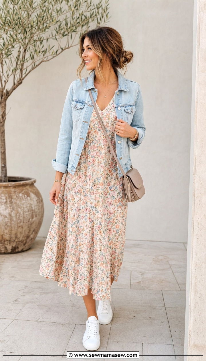 Floral Midi Dress With Denim Jacket - 25 spring outfit ideas Pinterest