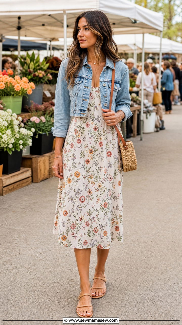 Floral Midi Dress With Denim Jacket - 30 Chill spring outfit ideas
