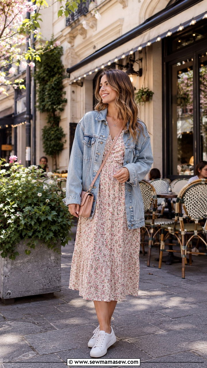 Floral Midi Dress With Denim Jacket - 30 Parisian spring outfits