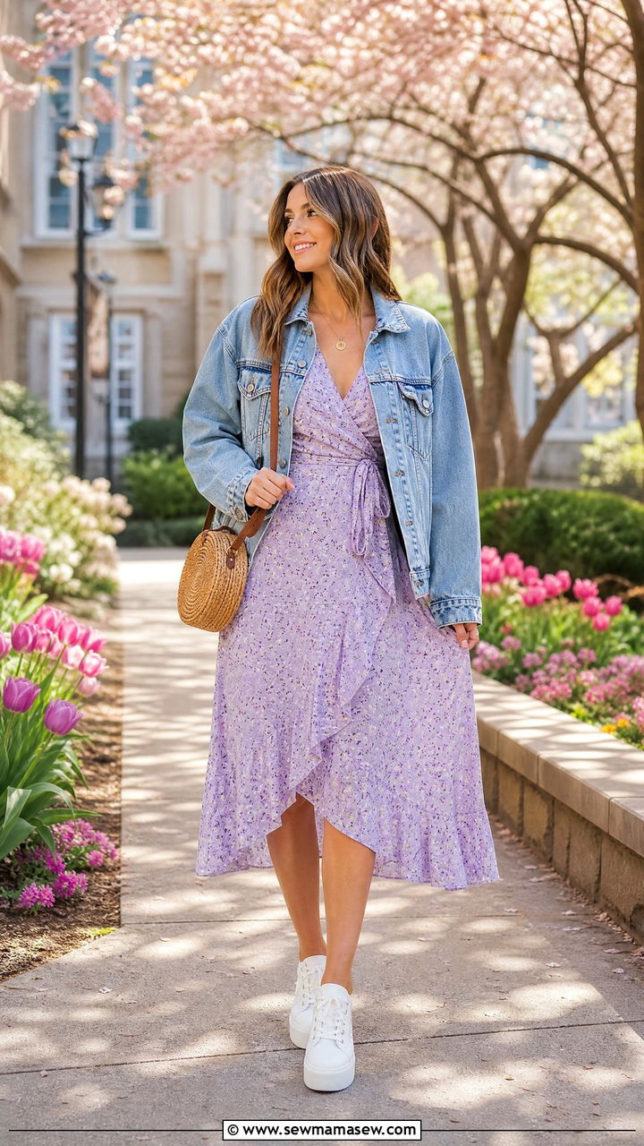 Floral Midi Dress With Denim Jacket - 30 College senior outfit ideas