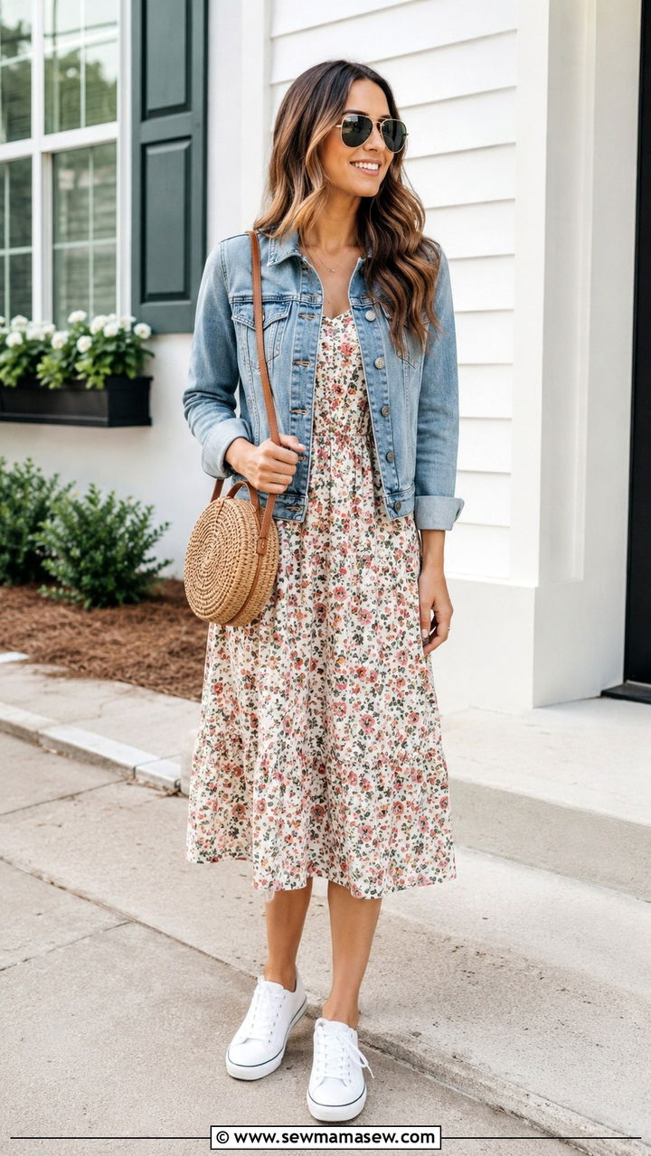 Floral Midi Dress With Denim Jacket - 30 Kindergarten teacher outfit ideas