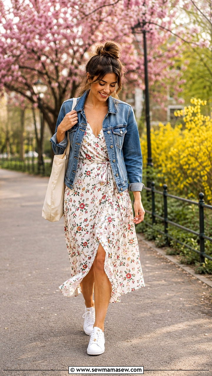 Floral Midi Dress With Denim Jacket - 30 spring outfits for women over 30