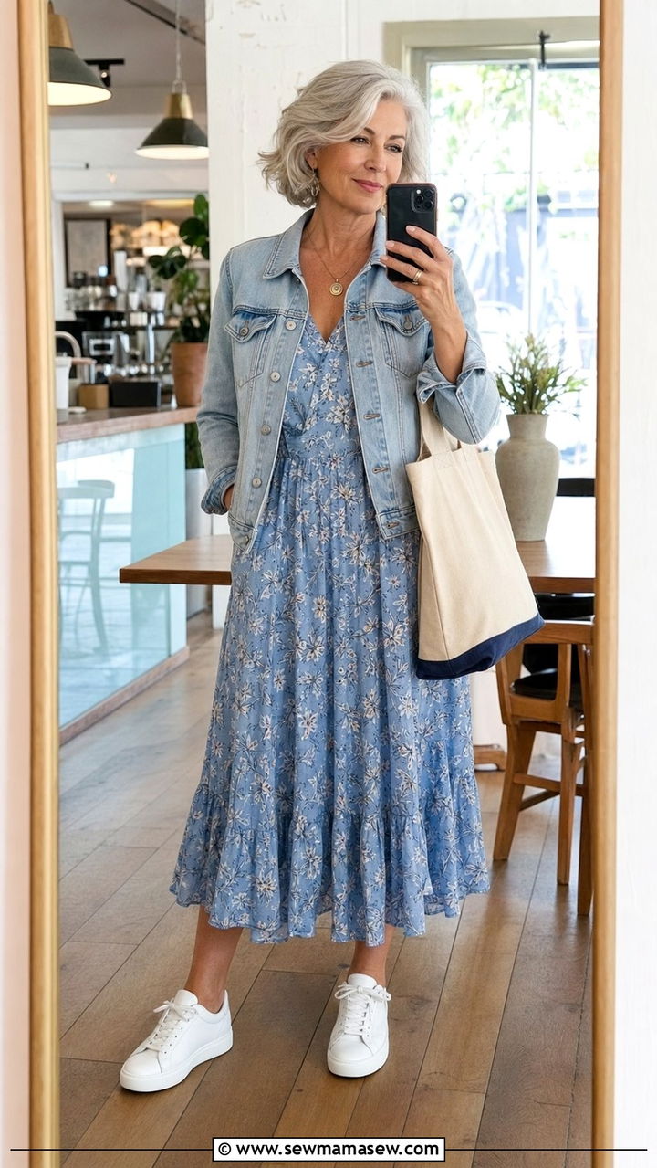 Floral Midi Dress With Denim Jacket - 25 Dress outfit ideas for women over 60