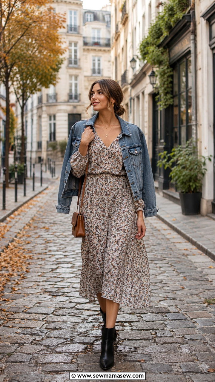 Floral Midi Dress With Denim Jacket And Ankle Boots - 30 Paris outfits inspo