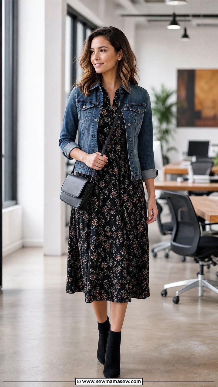 Floral Midi Dress With Denim Jacket And Ankle Boots - 25 Business casual outfits with midi dress