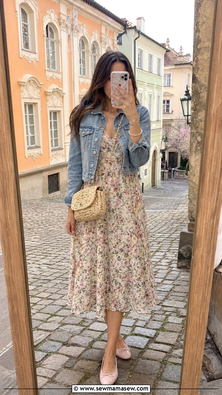 Floral Midi Dress With Denim Jacket And Ballet Flats For Prague - 40 What to wear in Prague