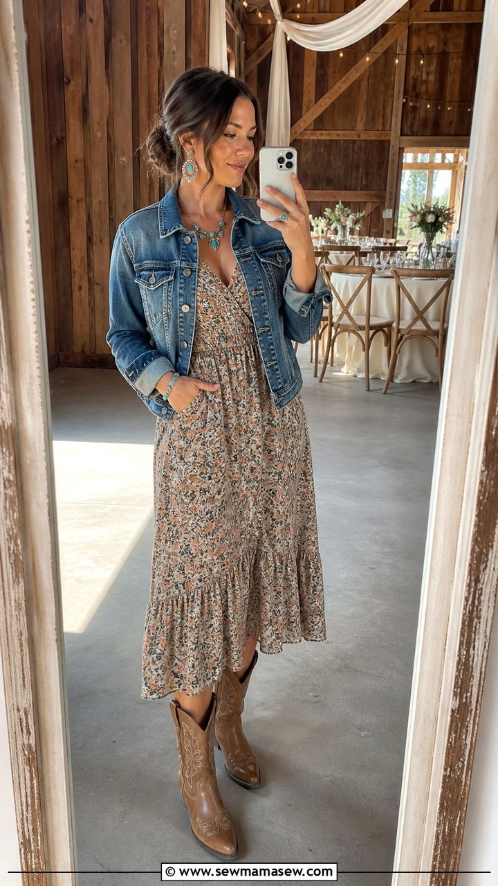 Floral Midi Dress With Denim Jacket And Cowboy Boots - 40 Casual wedding guest outfits