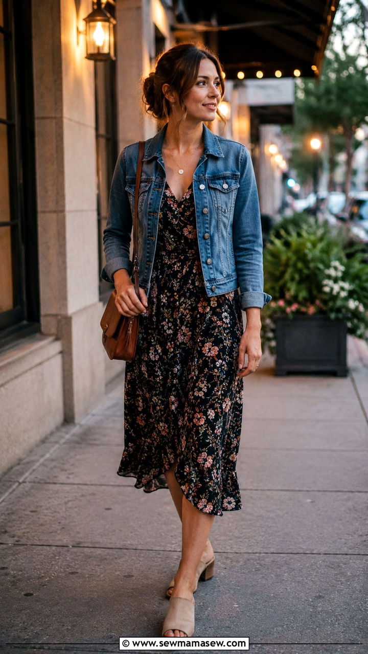 Floral Midi Dress With Denim Jacket And Low Heel Mules - 25 Mid August outfit ideas