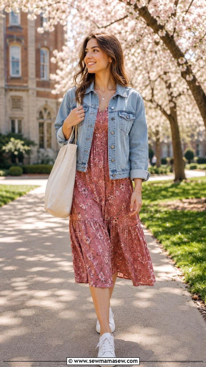 Floral Midi Dress With Denim Jacket And White Sneakers - 30 classy college outfits
