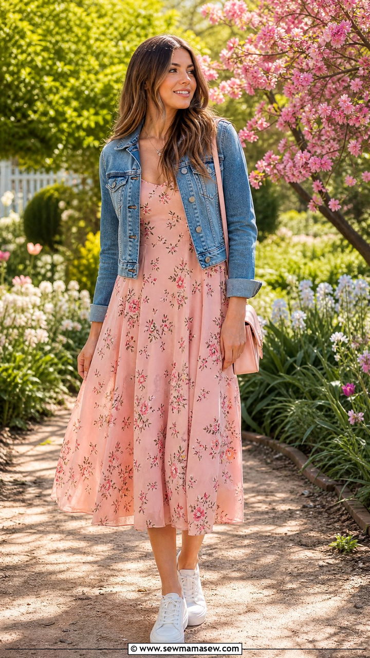 Floral Midi Dress With Denim Jacket And White Sneakers - 30 First warm day outfits