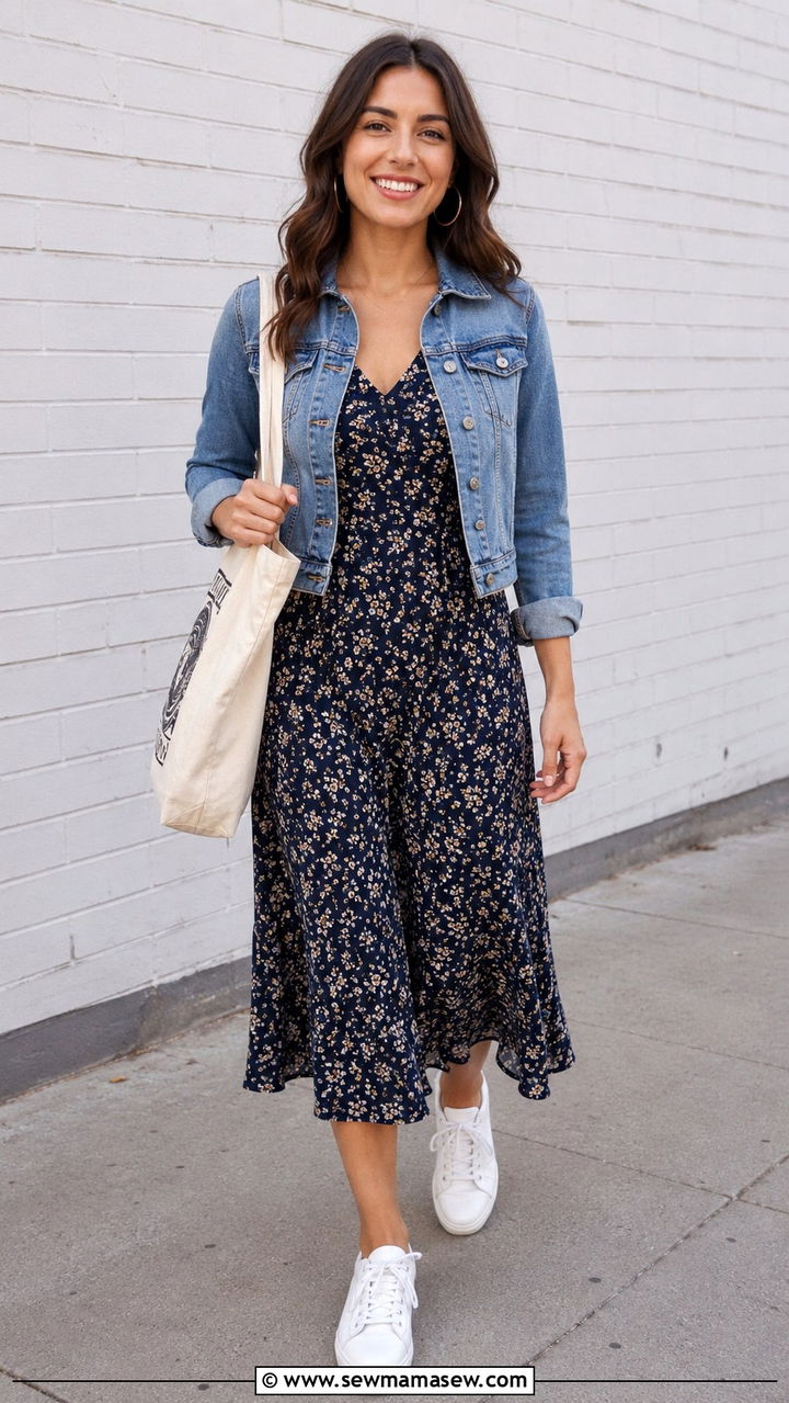 Floral Midi Dress With Denim Jacket And White Sneakers - 20 Midi dress summer 2026 outfit ideas