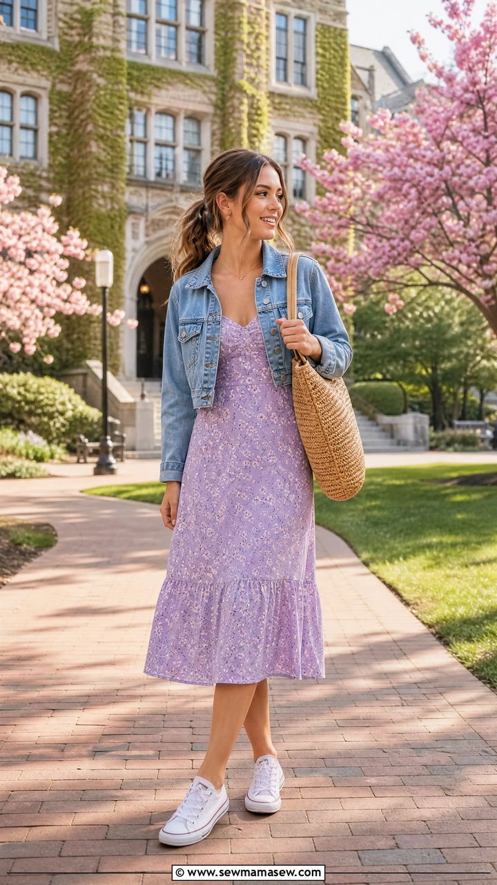 Floral Midi Dress With Denim Jacket Outfit - 30 College outfit ideas trendy 2026