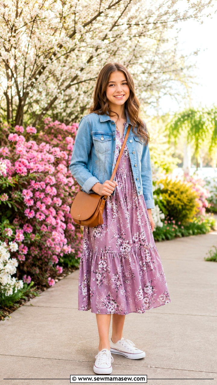 Floral Midi Dress With Denim Jacket Outfit - 30 Spring outfits for teen girls