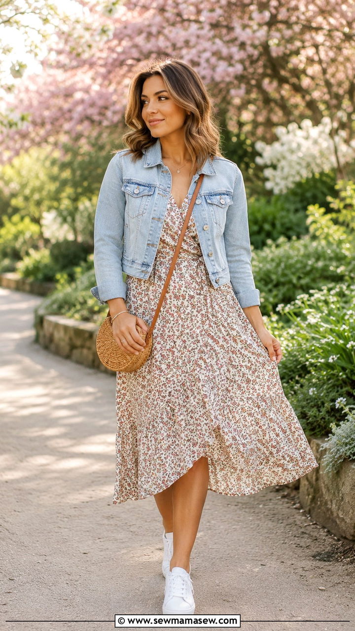 Floral Midi Dress With Denim Jacket Outfit - 30 spring petite outfit ideas