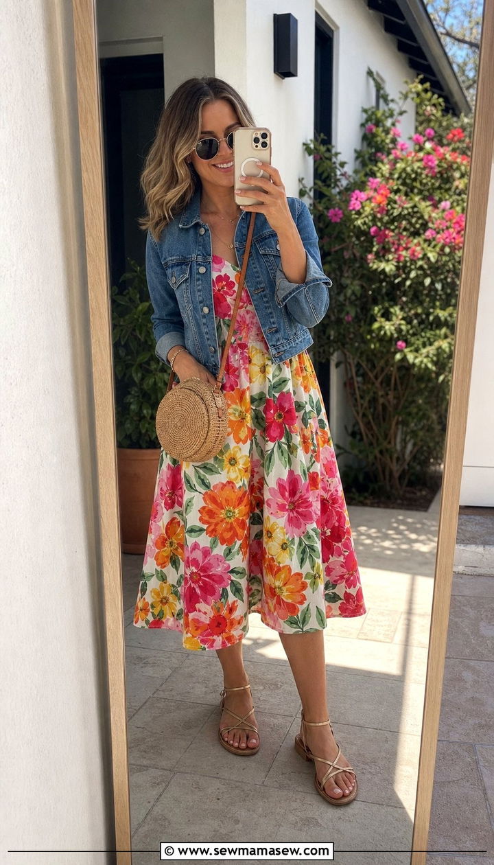 Floral Midi Dress With Denim Jacket Outfit - 25 Spring outfit templates