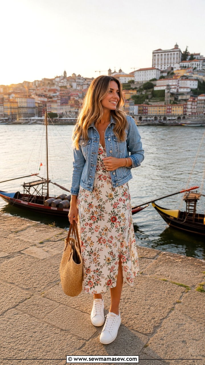 Floral Midi Dress With Denim Jacket Porto - 25 Porto outfit ideas