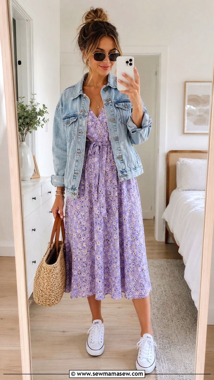 Floral Midi Dress With Denim Jacket Spring Outfit - 20 Spring outfits for skinny women