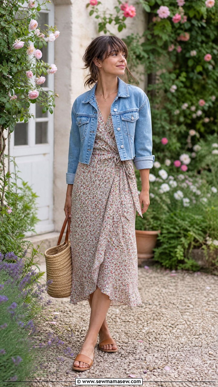 Floral Midi Dress With Denim Jacket and Basket Tote - 30 French girl outfit ideas petite