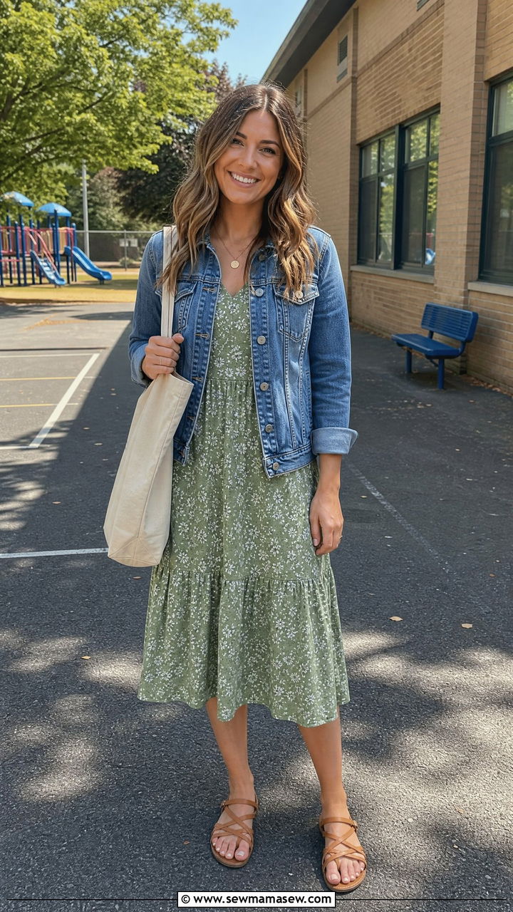 Floral Midi Dress With Denim Jacket and Flat Sandals - 25 First year teacher outfit ideas