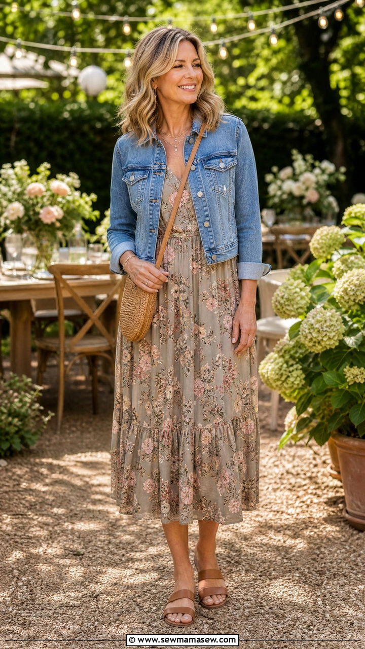 Floral Midi Dress With Denim Jacket and Sandals Outfit - 25 Fashion over 40 outfit ideas