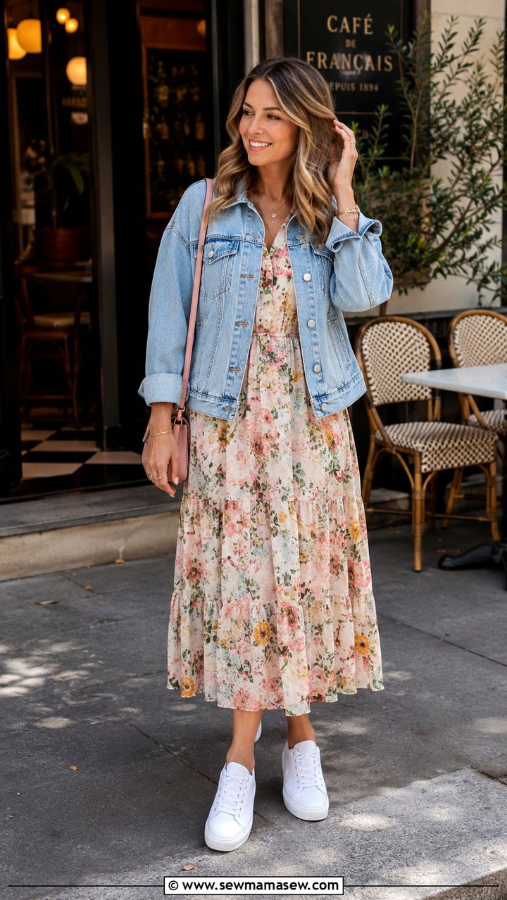 Floral Midi Dress With Denim Jacket and White Sneakers - 30 Early spring outfits