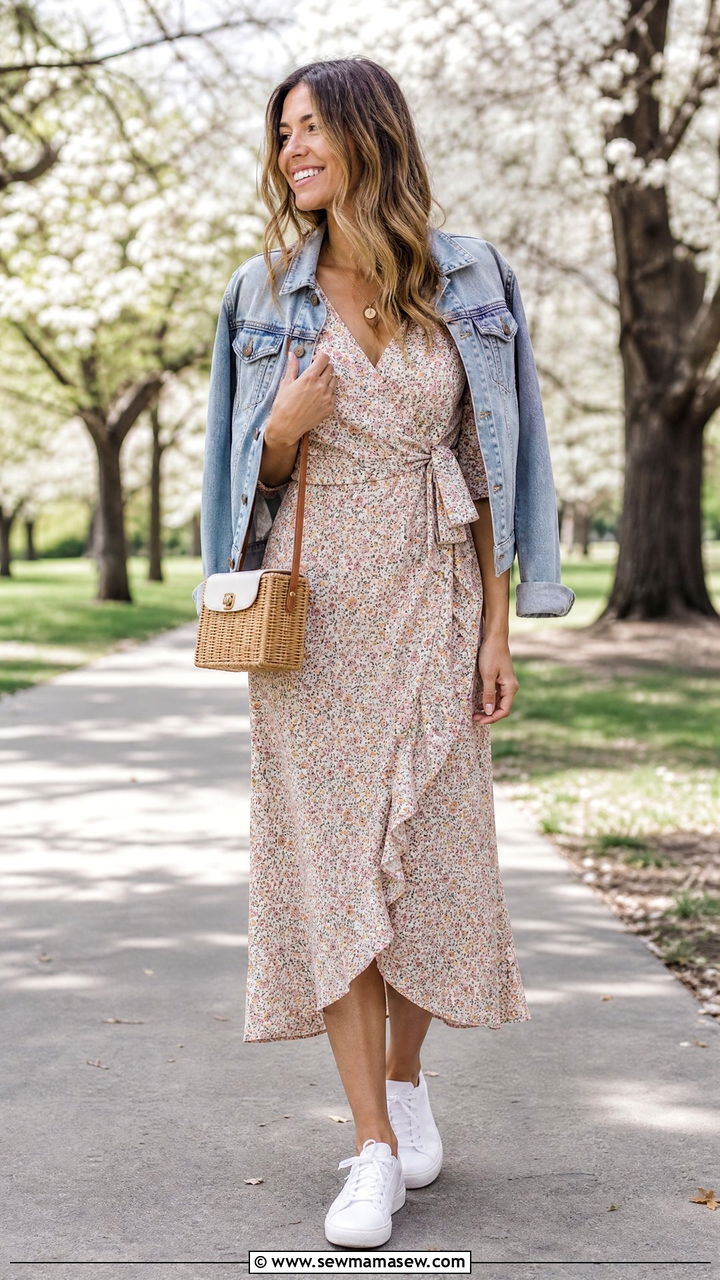 Floral Midi Dress With Denim Jacket and White Sneakers - 40 Spring photoshoot outfits