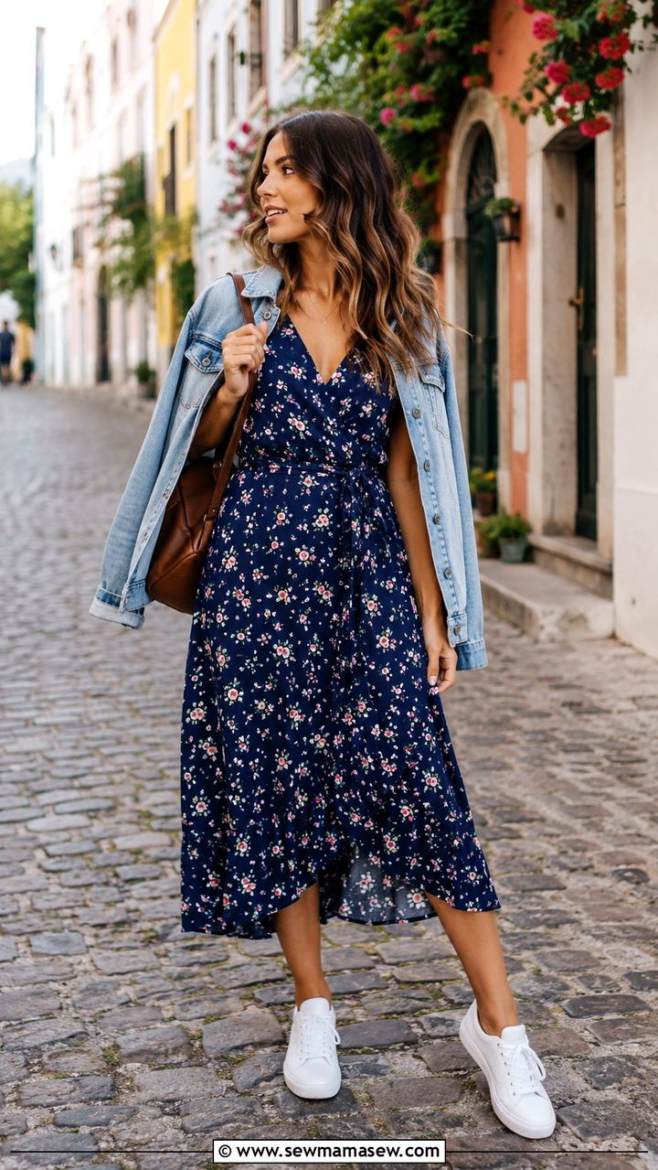 Floral Midi Dress With Denim Jacket and White Sneakers - 25 10 day travel capsule outfits