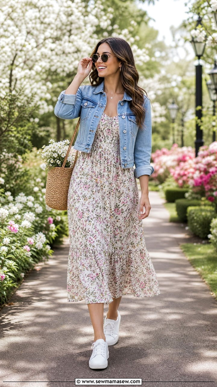 Floral Midi Dress With Denim Jacket and White Sneakers - 25 Chicago outfit ideas