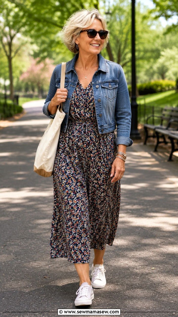 Floral Midi Dress With Denim Jacket for Pear Shape - 20 Outfit ideas for pear shape over 50