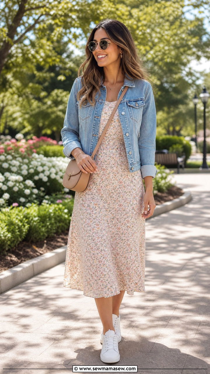 Floral Midi Dress With Denim Jacket - 35 How to style a midi dress