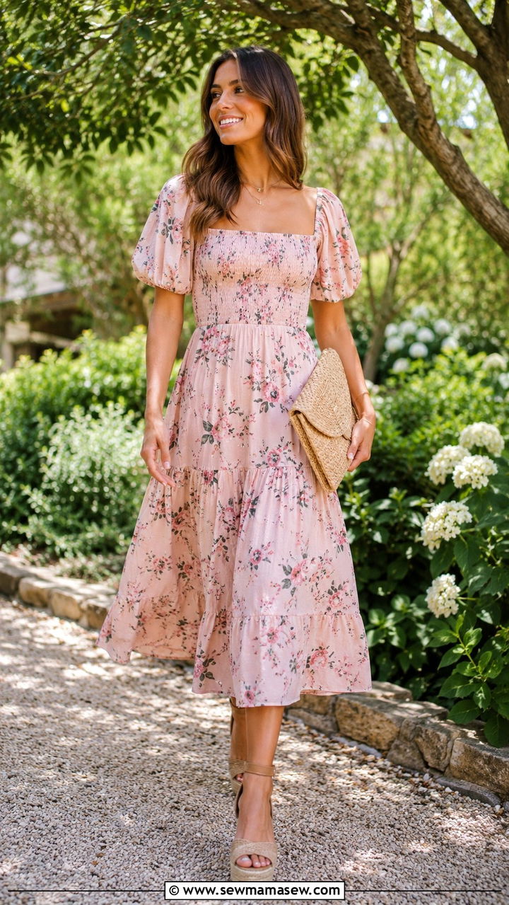 Floral Midi Dress With Espadrille Wedges - 20 Put together summer outfit ideas 2026