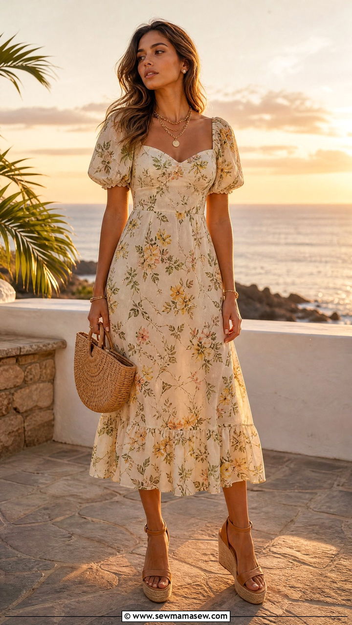 Floral Midi Dress With Espadrilles Mexico Coastal Dinner Look - 35 Mexico vacation outfits