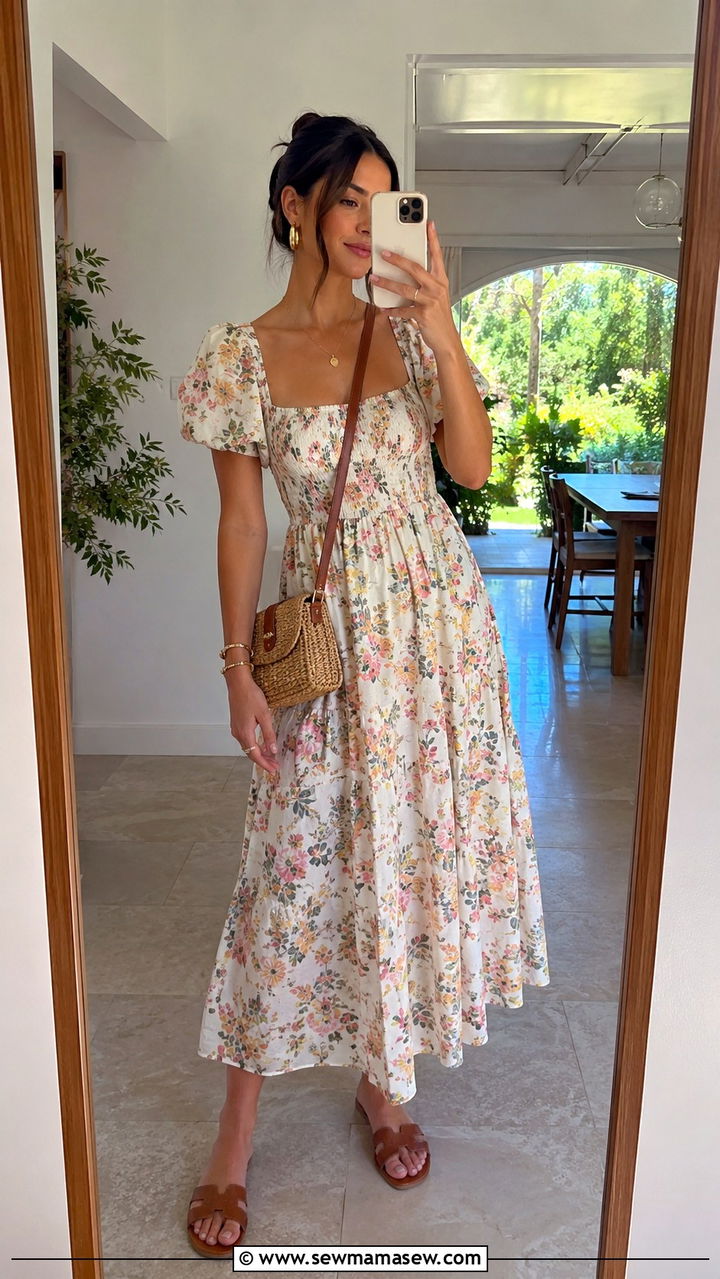 Floral Midi Dress With Flat Sandals - 20 Modern summer outfit ideas 2026