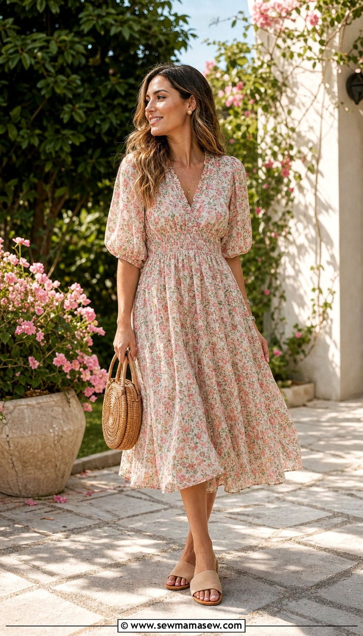 Floral Midi Dress With Flat Sandals - 25 summer outfits 2026 women casual