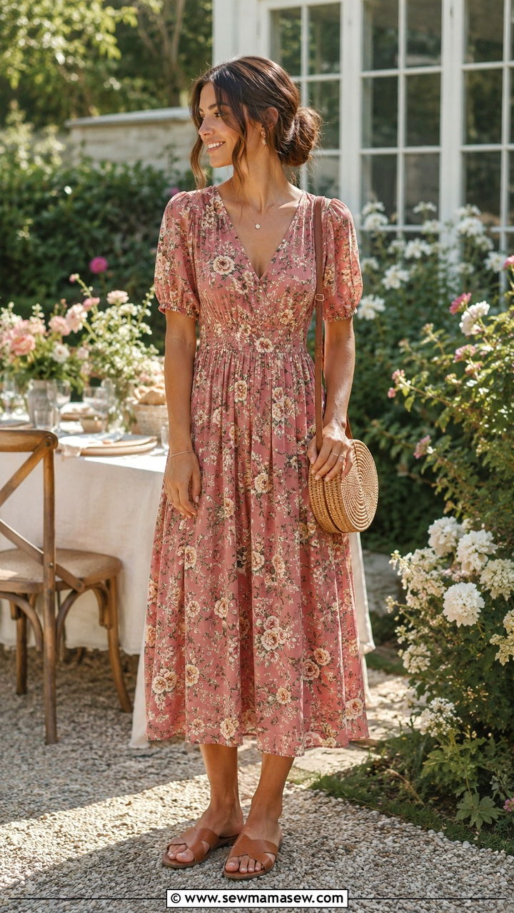 Floral Midi Dress With Flat Sandals - 30 Rich mom outfit ideas 2026
