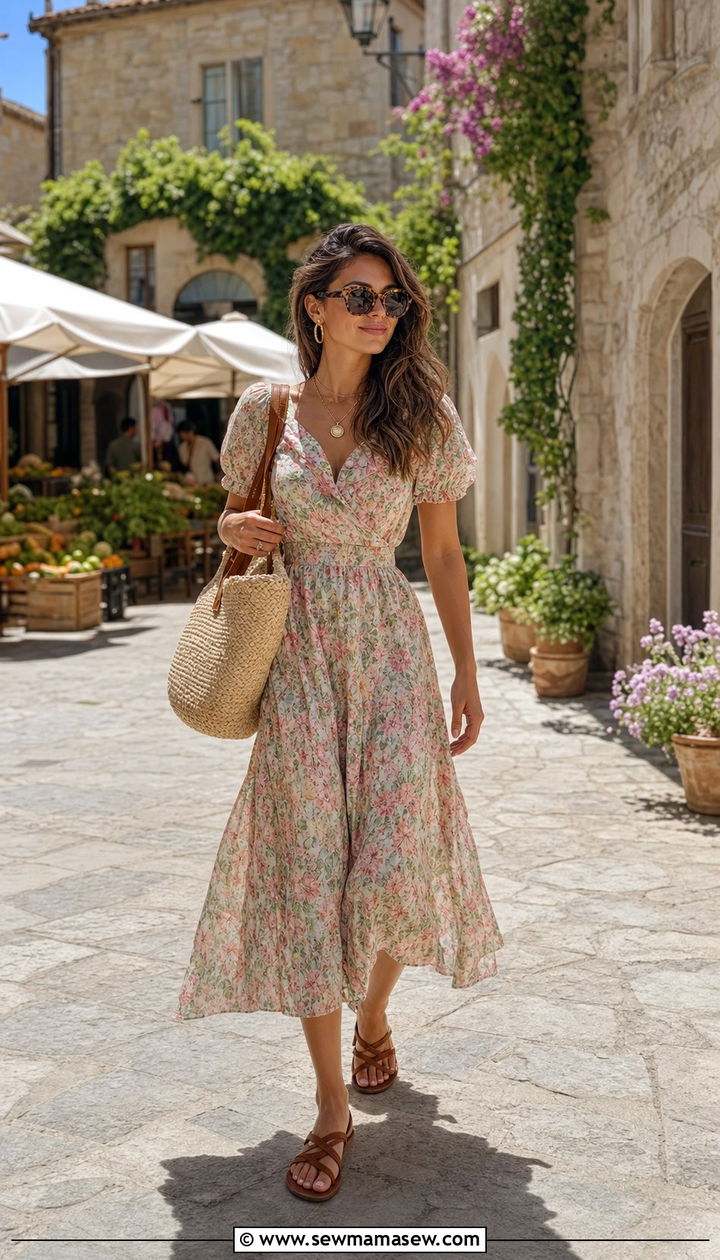 Floral Midi Dress With Flat Sandals And Straw Tote - 25 European summer outfits aesthetic