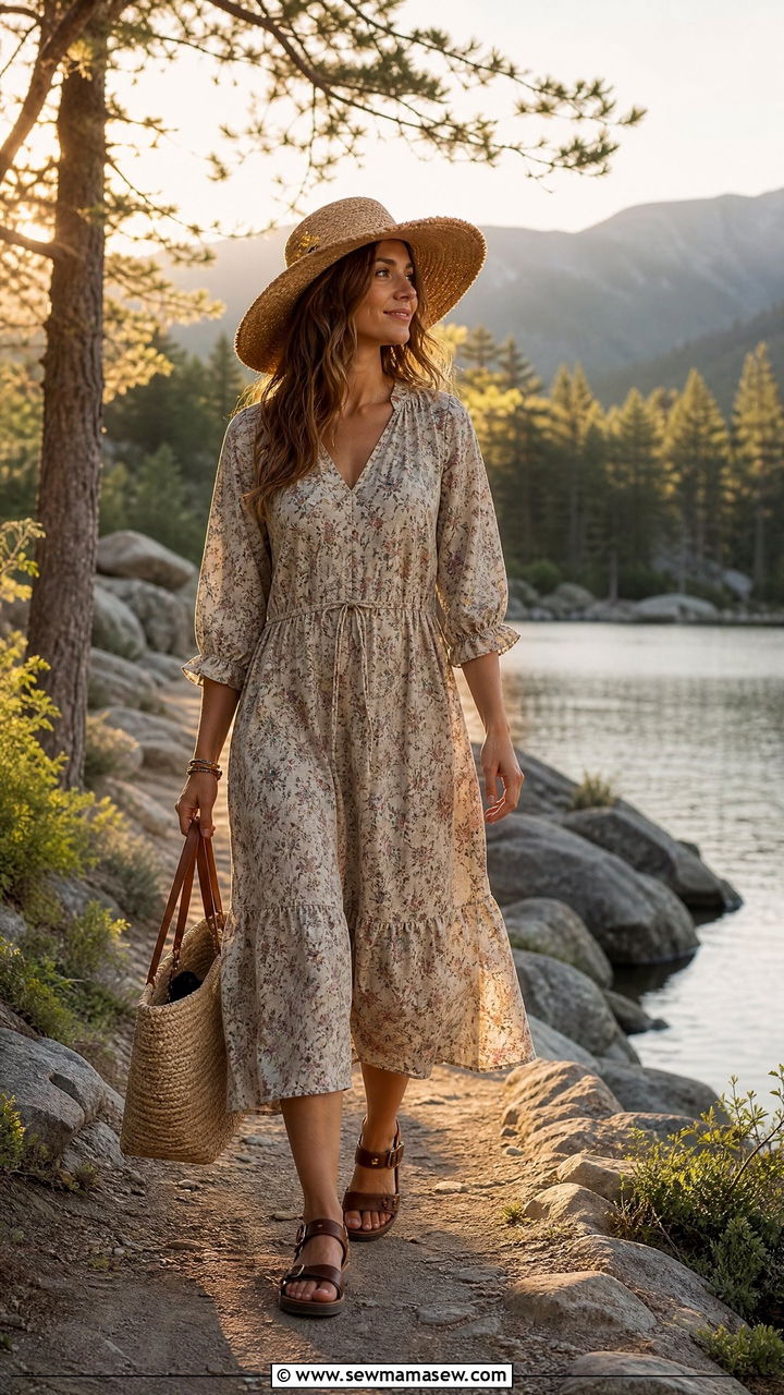 Floral Midi Dress With Hiking Sandals Camping Outfit - 30 Summer camping trip outfits