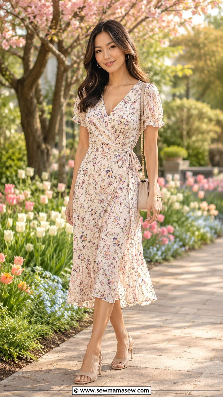 Floral Midi Dress With Kitten Heel Petite Outfit - 25 Petite spring capsule wardrobe