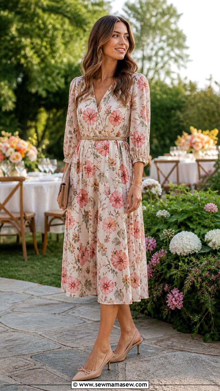 Floral Midi Dress With Kitten Heels - 20 45 year old woman outfit ideas