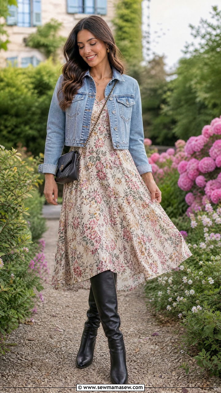 Floral Midi Dress With Knee High Boots - 25 Knee high boots outfit ideas with a dress