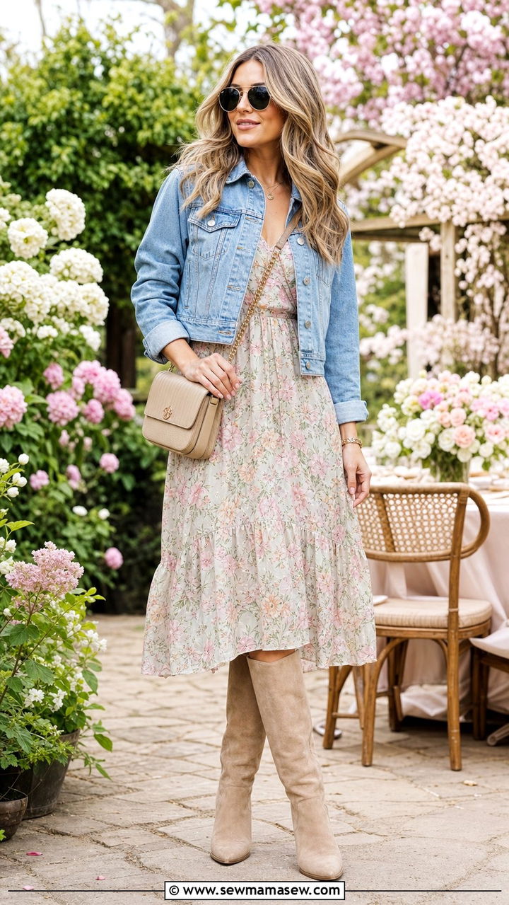 Floral Midi Dress With Knee High Boots - 25 Spring outfits with knee high boots