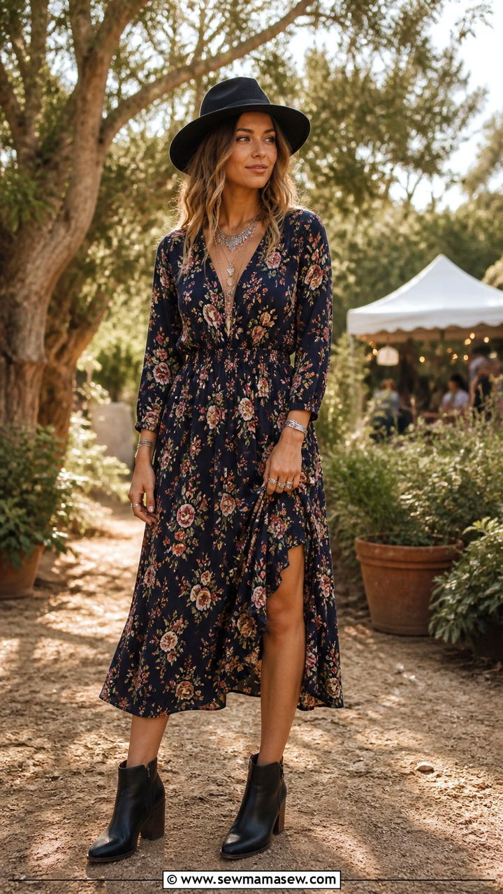 Floral Midi Dress With Leather Ankle Boots - 40 festival outfits 2026