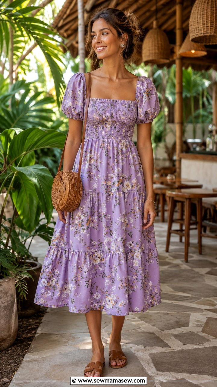 Floral Midi Dress With Leather Sandals - 25 Bali spring outfit ideas