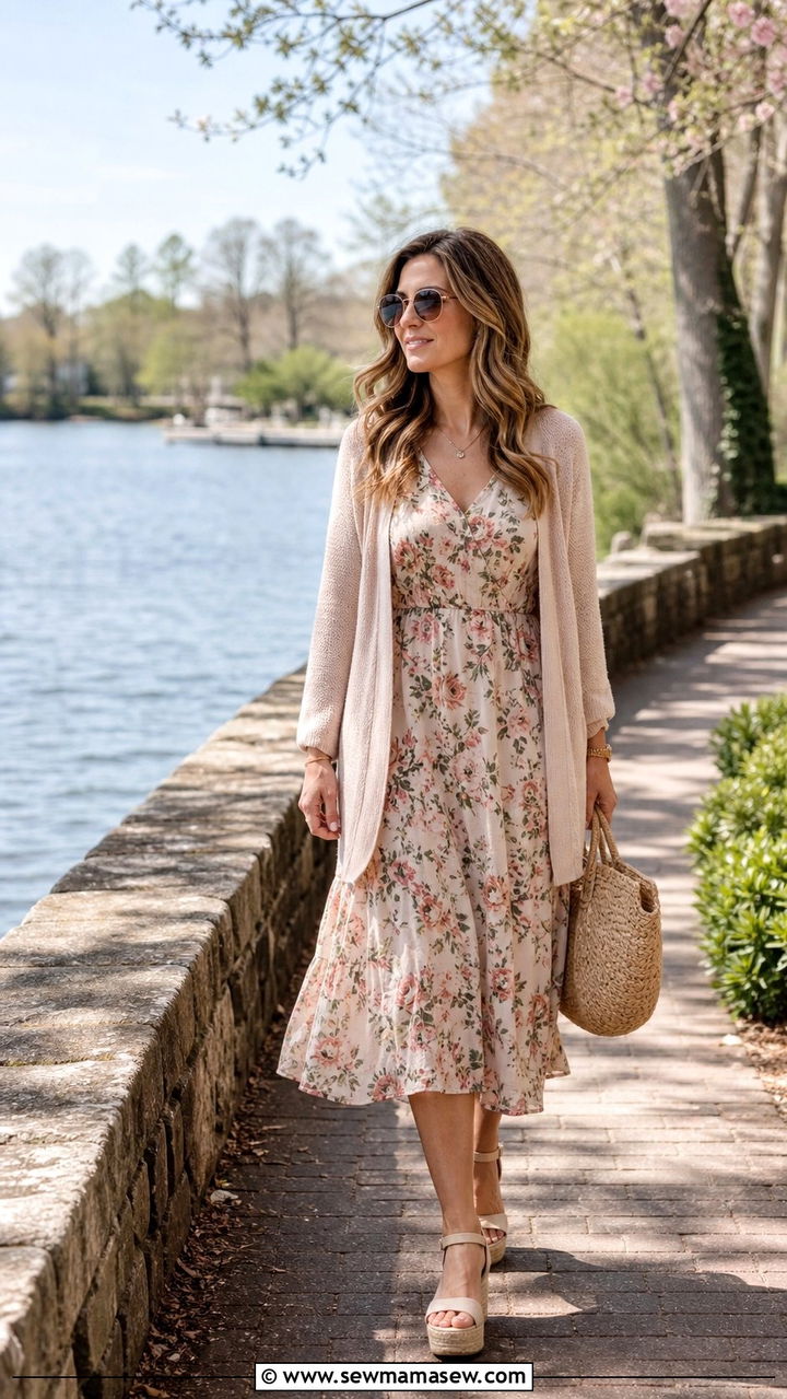 Floral Midi Dress With Light Cardigan And Wedge Sandals - 25 Spring lake outfits