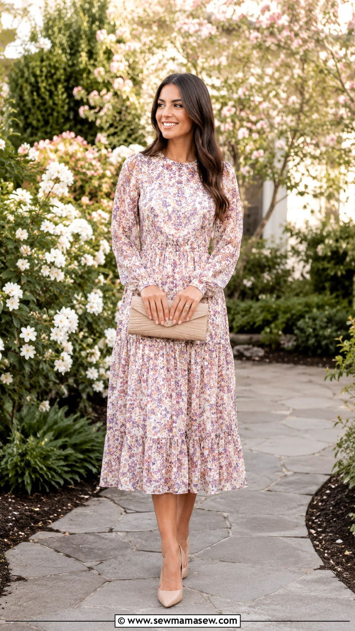 Floral Midi Dress With Long Sleeves - 30 modest spring wedding guest outfit ideas