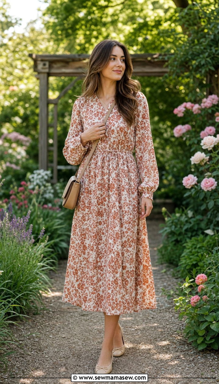 Floral Midi Dress With Long Sleeves - 25 classy modest classy outfits