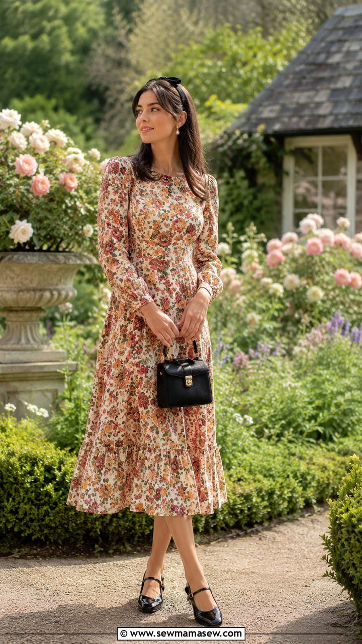 Floral Midi Dress With Mary Jane Flats - 25 Boho outfit ideas 60s style