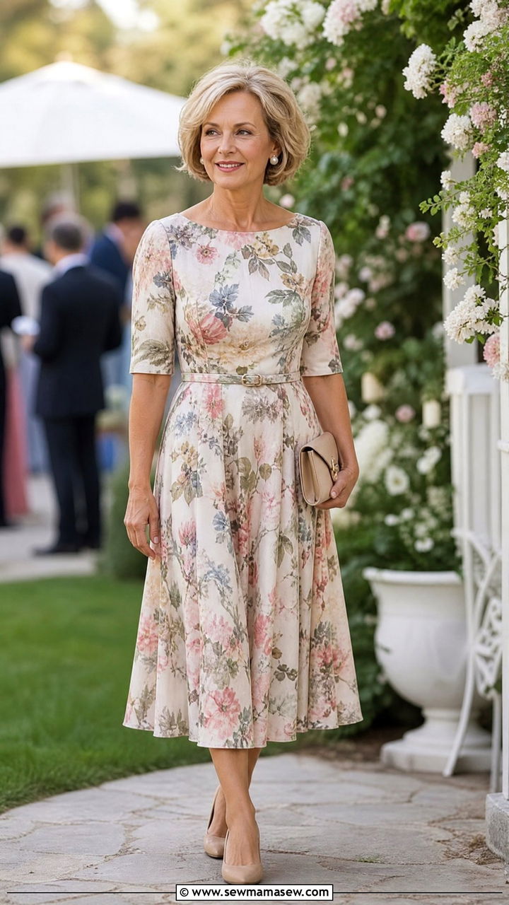 Floral Midi Dress With Neutral Heels Outfit - 30 Outfit ideas for women over 70