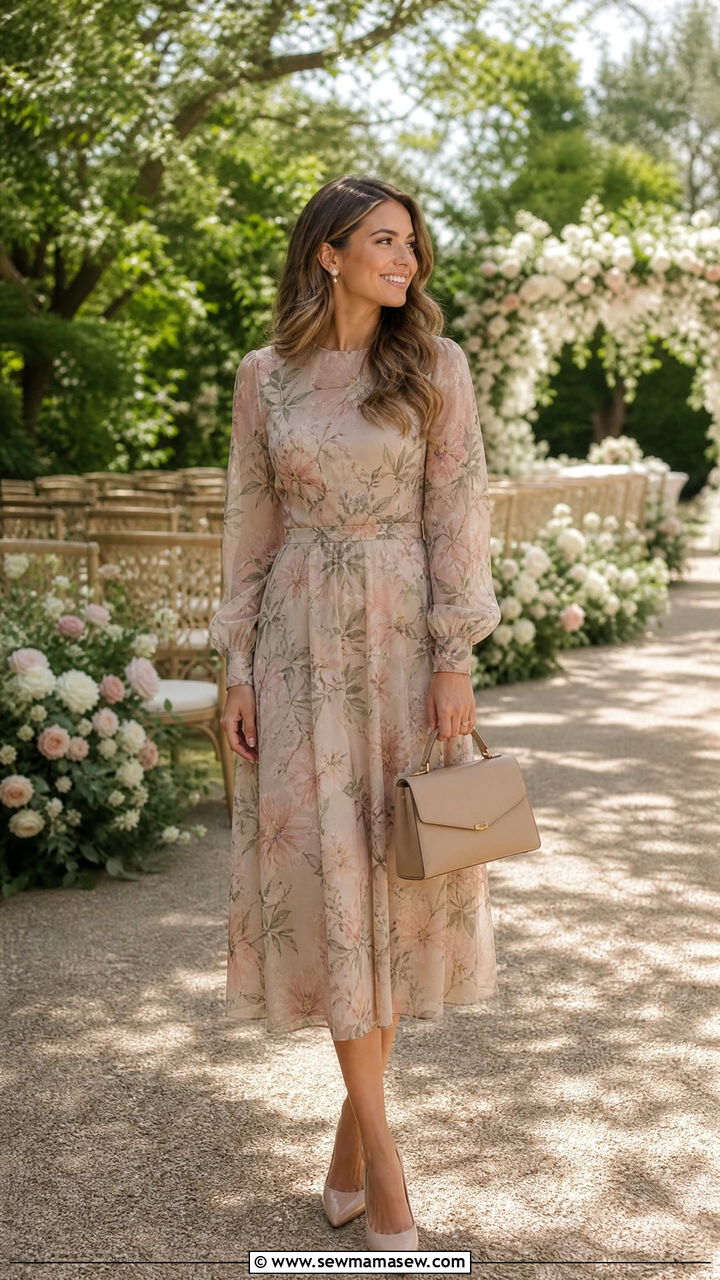 Floral Midi Dress With Neutral Heels - 30 Old money outfit ideas for wedding guest